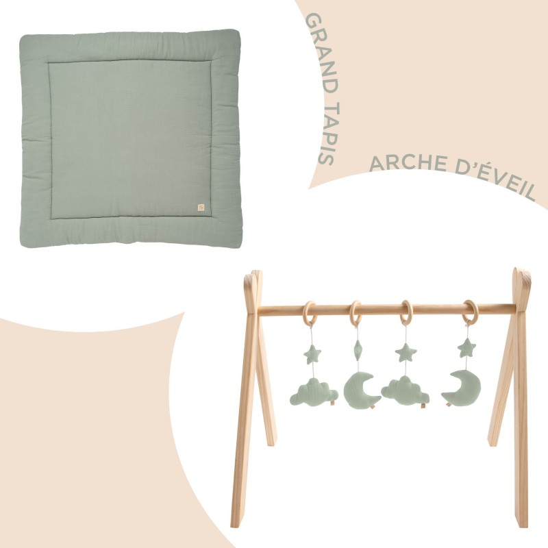 Pack tapis de jeux + arche d'éveil uni Sauge